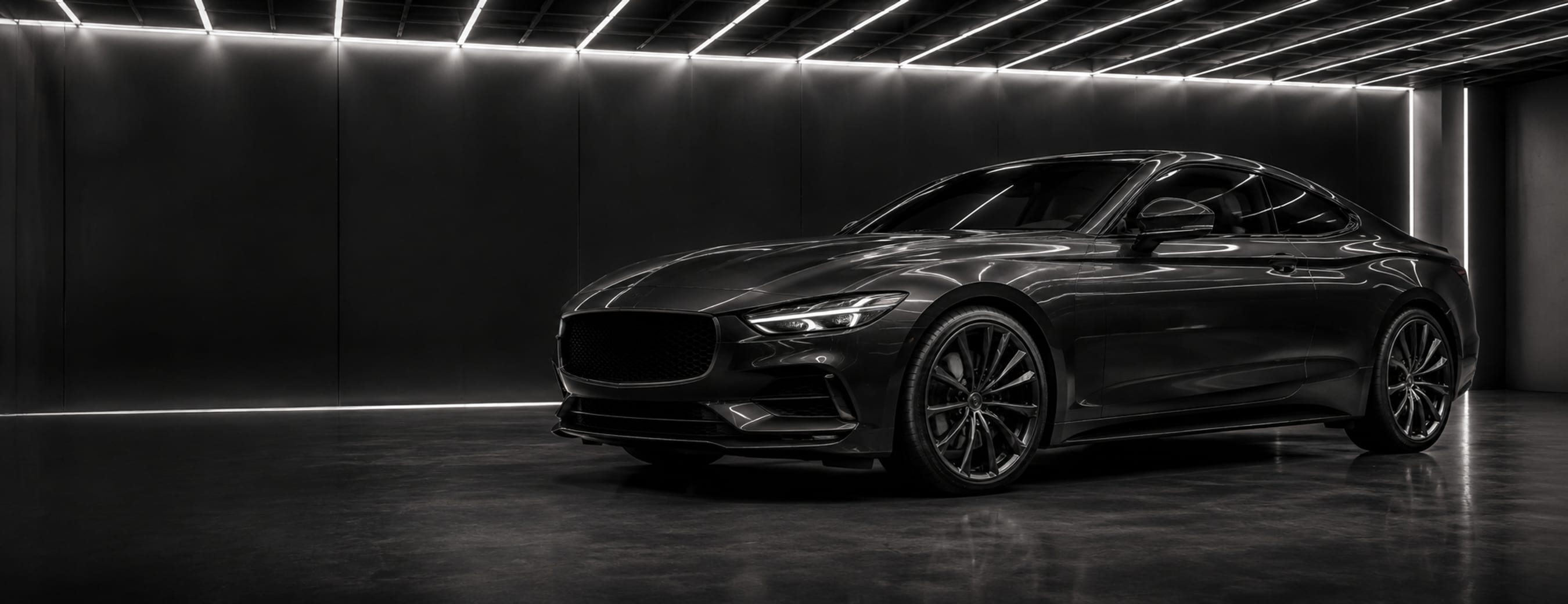 A dark coupe on a studio floor under overhead strip lighting.