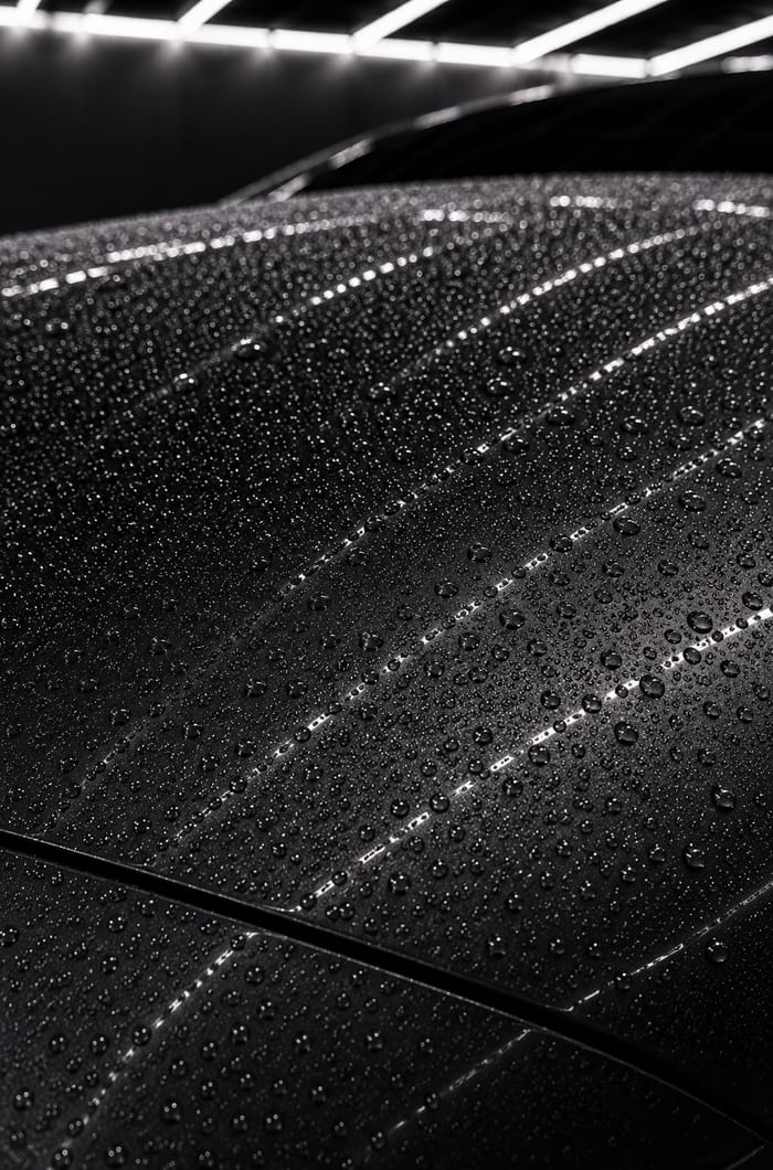 Macro of water beading tightly on freshly coated black paint.